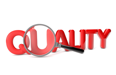 放大镜检查'QUALITY'单词的插图，表现上海骏材制定执行严格产品质量标准